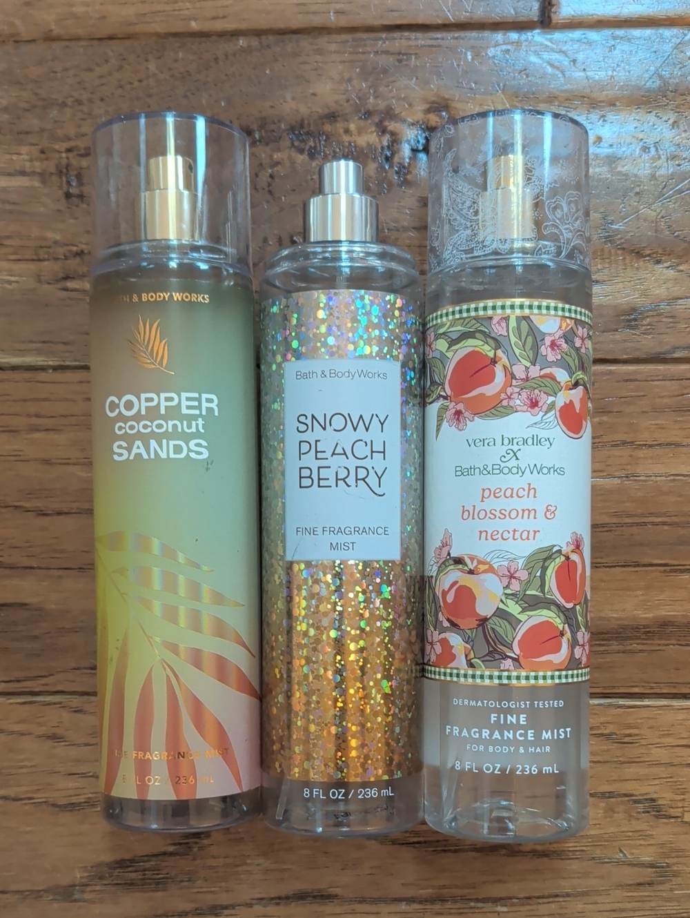 Bath & Body Works Copper Coconut Sands, Snowy Peach Berry, Peach Blossom Nectar